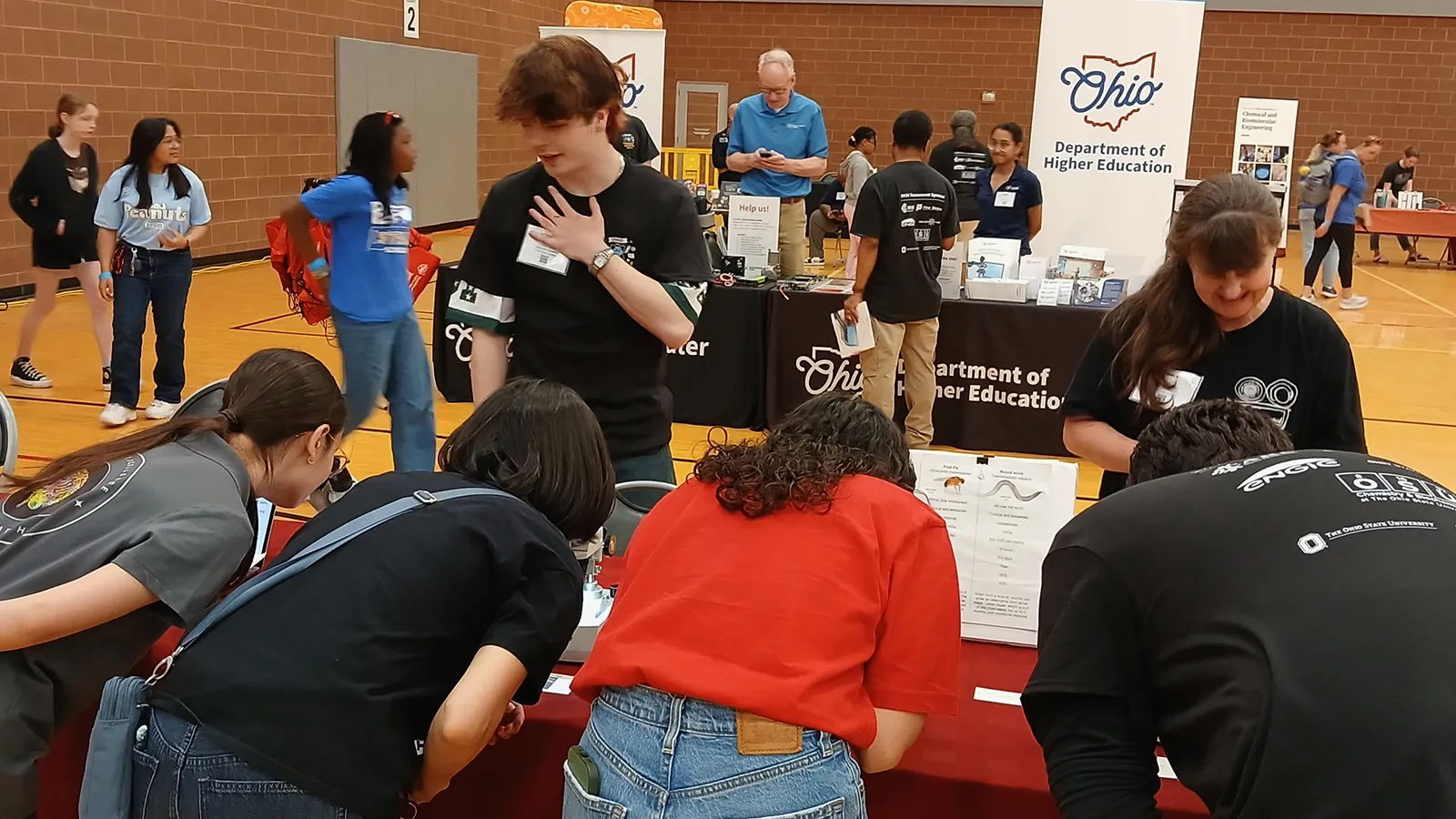Visitors looking in Microscopes