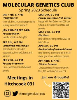 Molecular Genetics Club Schedule for Spring 2023