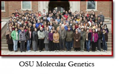 Mol Gen Faculty, Staff and Students on the stairs of Jennings Hall