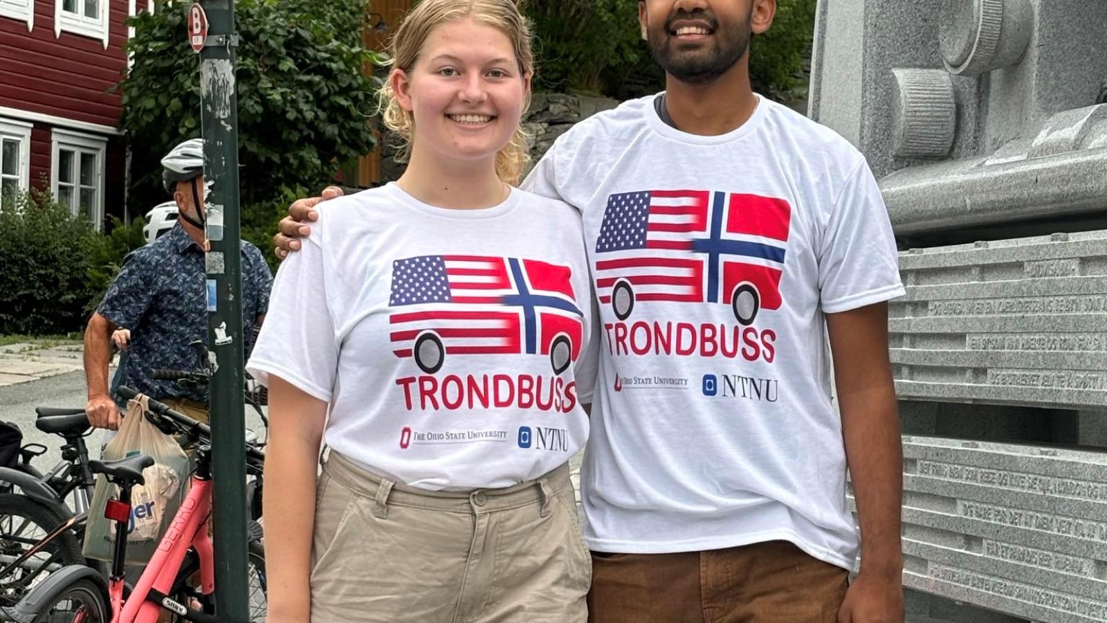 Laurel Fleszar (Molecular Genetics) and Pranav Jois (Mathematics and Physics double major) in Norway (TRONDBUSS Summer 2024). Laurel studied neural networks in the brain of zebrafish and Prana researched how to develop methods to calibrate metabolic models for bacteria based on flux balance analysis.